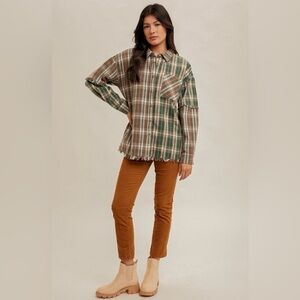 #79 Mixed Plaid Frayed Button-Up Shirt